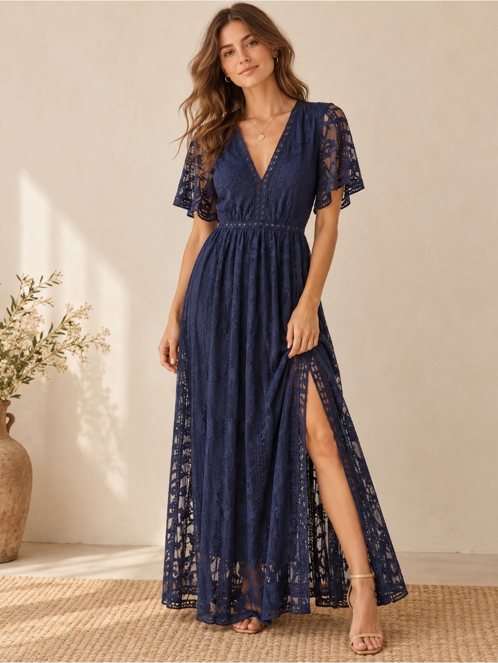 Socialite Navy Blue Lace Maxi Dress S Deep V Flutter Sleeve Side Slit Formal